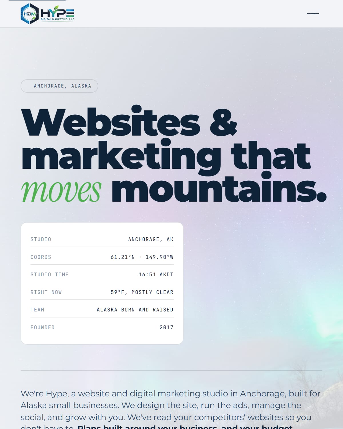 The Hype Digital Marketing home page, built and edited on Hype Forge